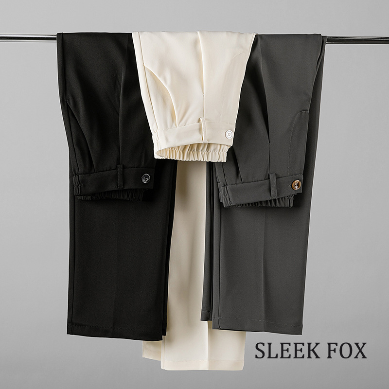 Pantalones finos de verano para hombres rectos sueltos japoneses de color sólido simple drapeado casual de alta gama pantalones de traje beige image 4