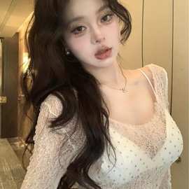 镶钻蕾丝透视长袖恤女夏季新款辣妹百搭修身设计感罩衫上衣