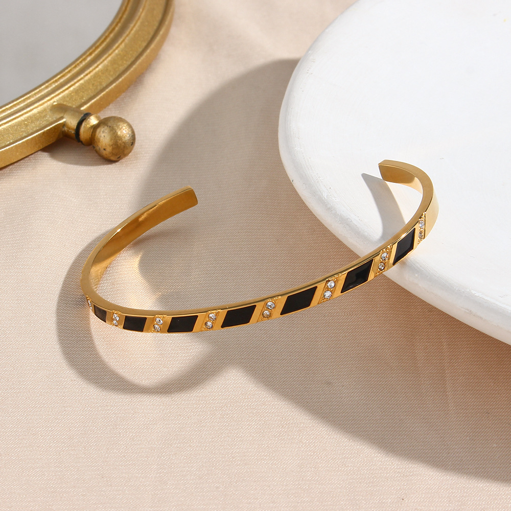 Fashion Stainless Steel 18K Gold Plating Rectangular Zircon Drop Oil Open-Ended Bracelet