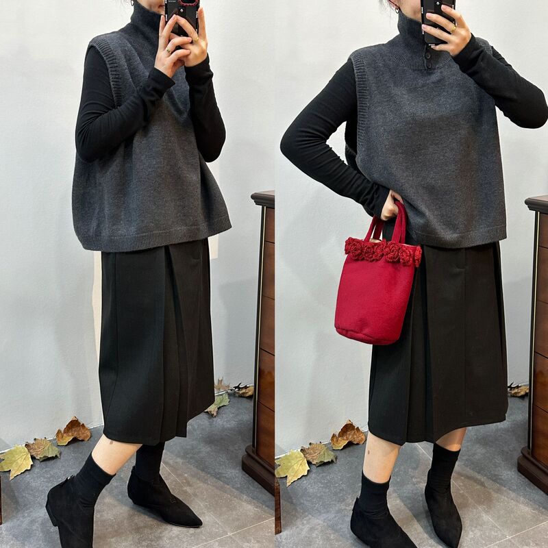 Custom-Made Layered Vest with Unique High-Neck Sleeveless Top for Women, Solid Color Knitwear, Loose Sweater for Autumn and Winter, Artistic Style