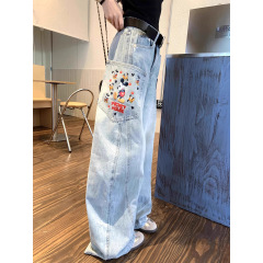 美式复古设计感趣味米奇印花牛仔裤子女辣妹慵懒松弛感拖地弯刀裤
