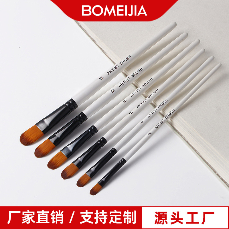 6 Round-Head Pearlescent Wooden Handle Nylon Hair Paintbrushes for Acrylic Watercolor Painting, Art Students' Gouache Brushes, Fine Brushwork Painting