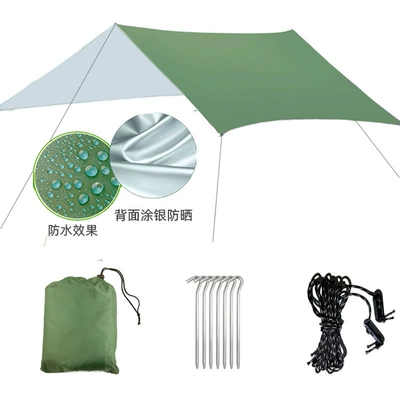 Canopy Tent Outdoor 3-4 People Silver-Coated Vinyl Waterproof Sunscreen Camping Beach Mat Camping Style Cloth All-In-One (Avtomobil yan çətirləri) - silver-green-100145cm-without-accessories