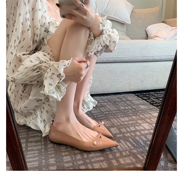 羊皮版仙女风珍珠真皮尖头浅口单鞋女平底法式玛丽珍鞋女通勤瓢鞋|undefined