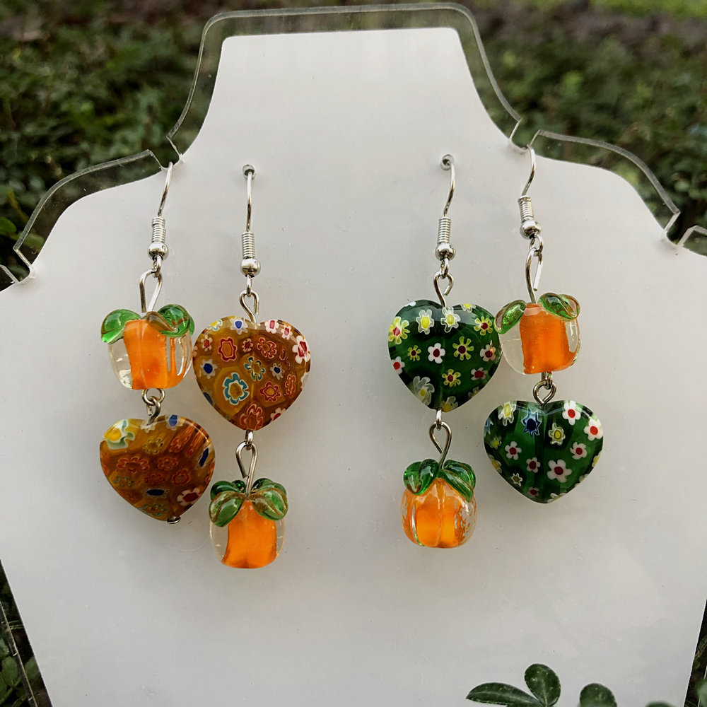 15g Weight Alloy Ear Needle Material Drop Earrings Classification 1 Pair Quantity Daily Occasion Glass, Metal Material Persimmon, Heart Shape, Flower Pattern All Seasons Season Women's Gender Polished Finish Asymmetrical Design Cute Style 1 Pair Cute Persimmon Heart Shape Flower Asymmetrical Glass Metal Drop Earrings 9