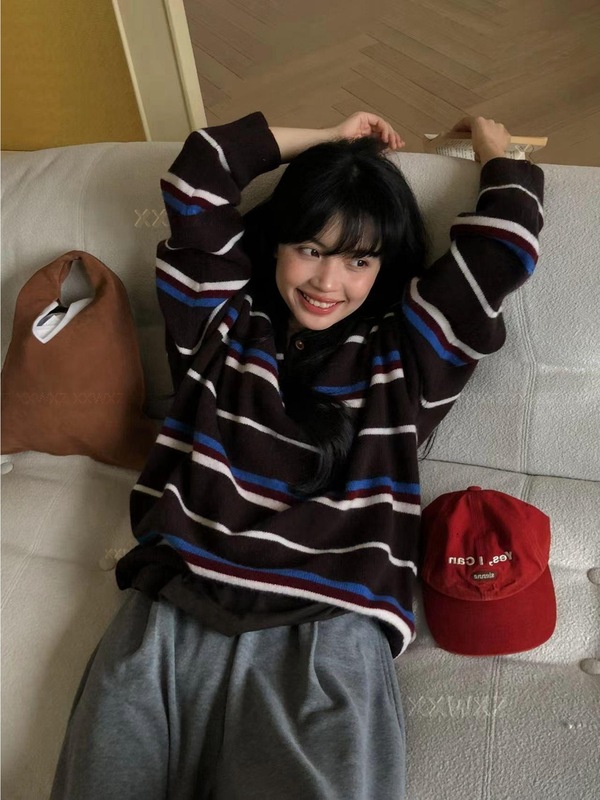 早秋新款韩系设计感复古撞色条纹减龄休闲针织毛衣女|undefined