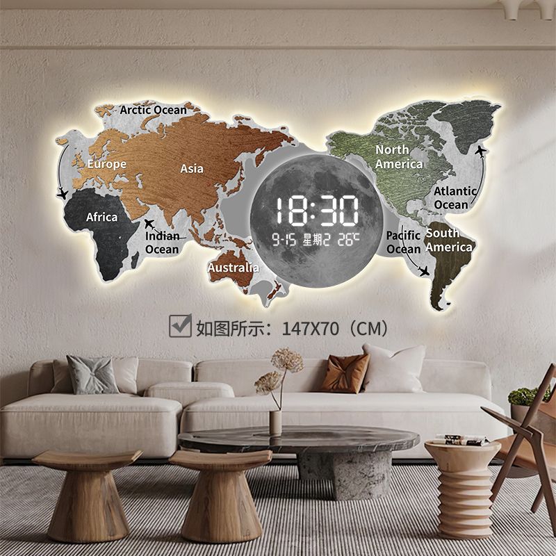 World Map Living Room Clock Wall Clock High-End Electronic Clock Office Sofa Background Wall Decoration Painting
