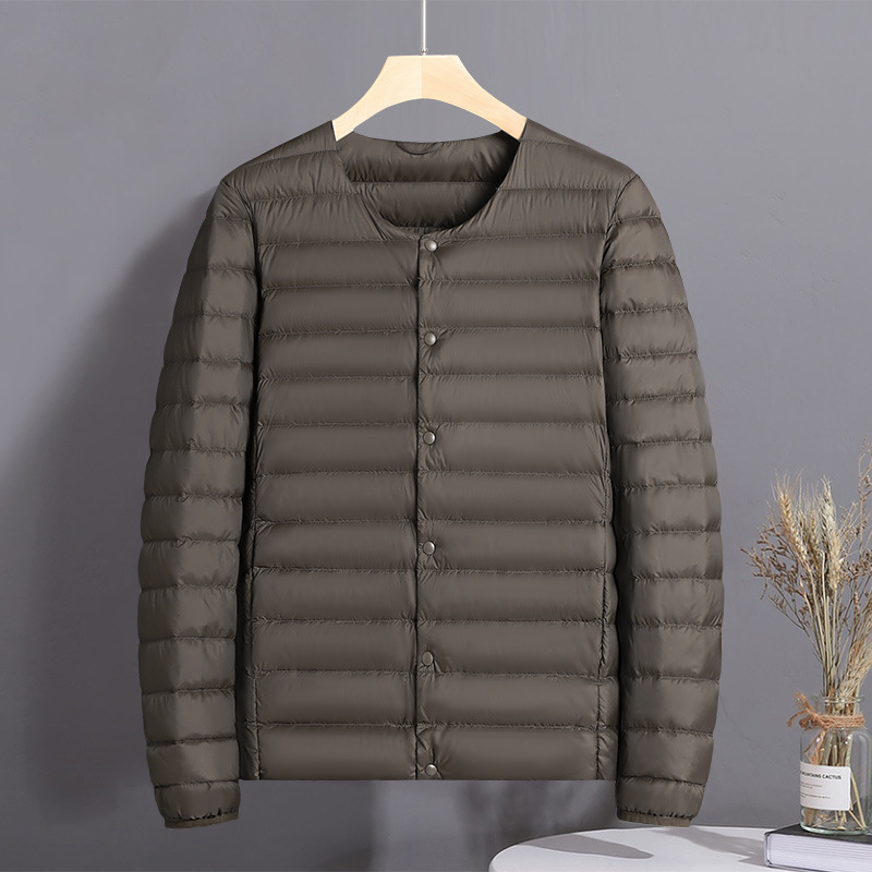 Chaqueta de plumón ligera transfronteriza para hombres y mujeres de otoño y invierno, chaqueta de abrigo caliente sin cuello, revestimiento de plumón ligero inferior se puede abrir
