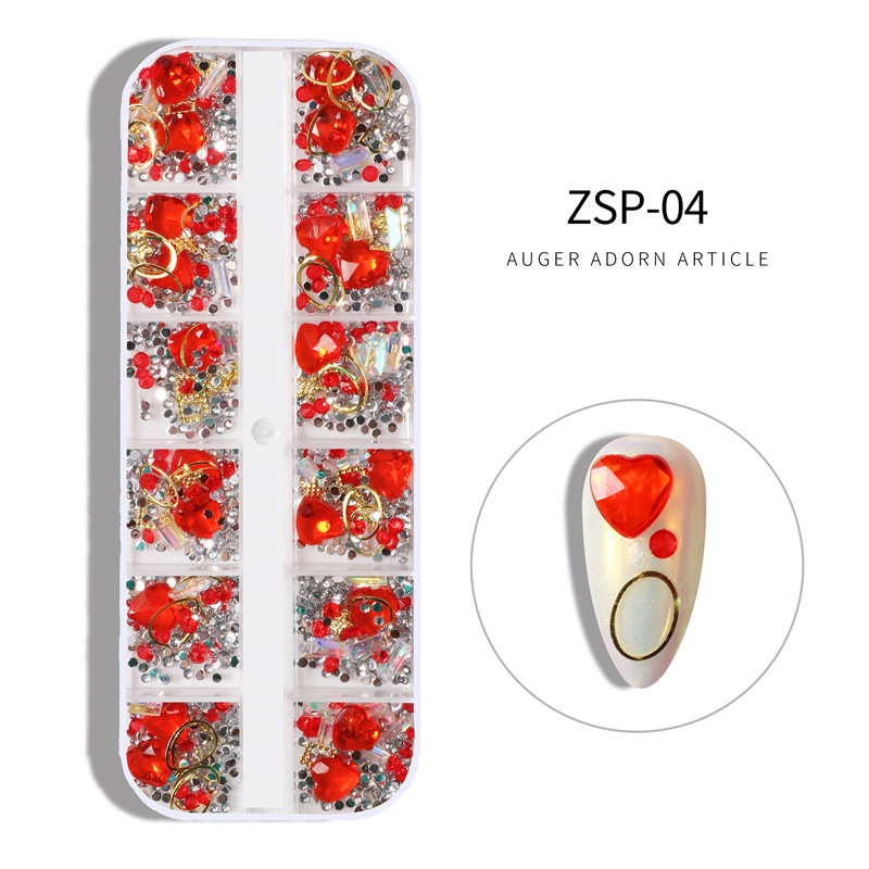 Nuevo producto transfronterizo uñas 12 cuadros caja de tiras largas joyas remaches perlas diamantes de imitación diamantes de vidrio brocas de uñas mixtas