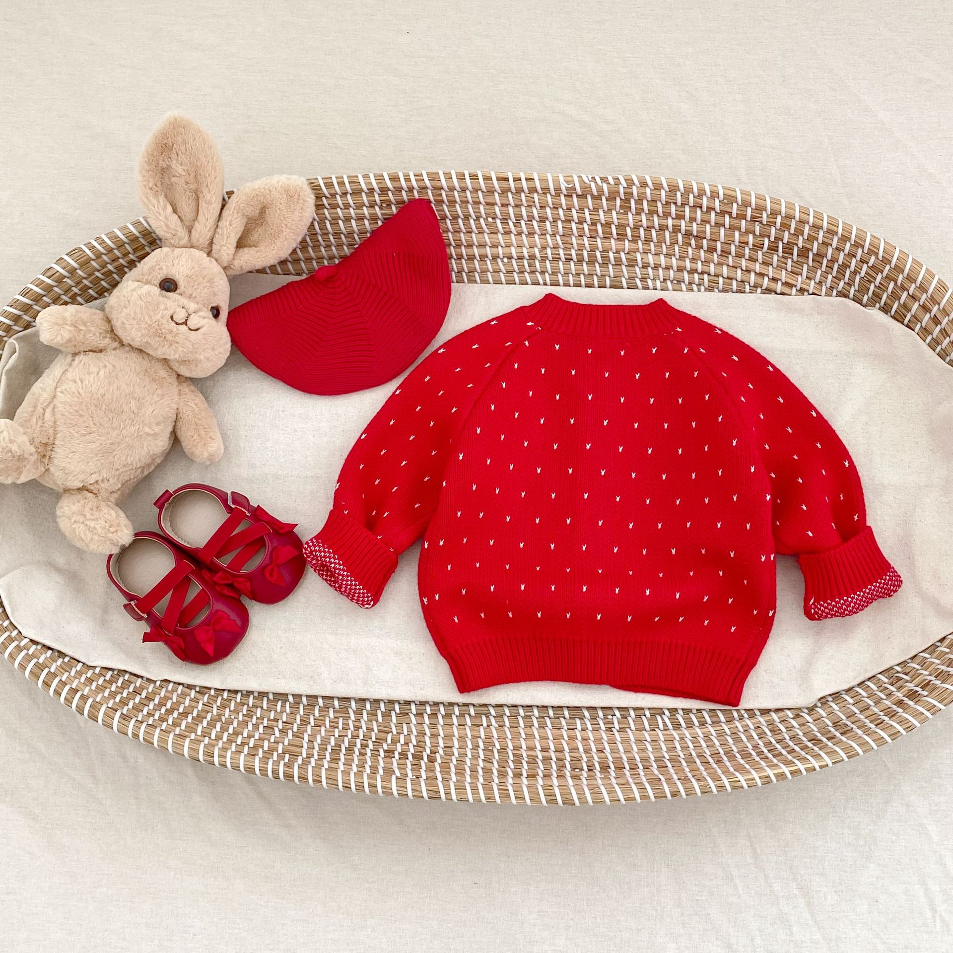 Autumn Children's Fashionable Sweet Baby Girl's Jacquard Red Knitted Coat Cardigan