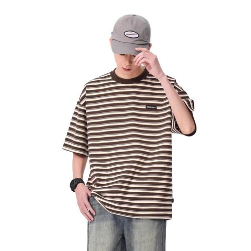 Striped Colorblock Short-Sleeve T-Shirt for Men - Summer Trendy Brand, Loose Retro Round Neck Half-Sleeve Couple's Top