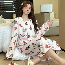 珊瑚绒 秋冬 睡裙可爱加绒加厚中长款睡衣裙保暖少女法兰绒家居服