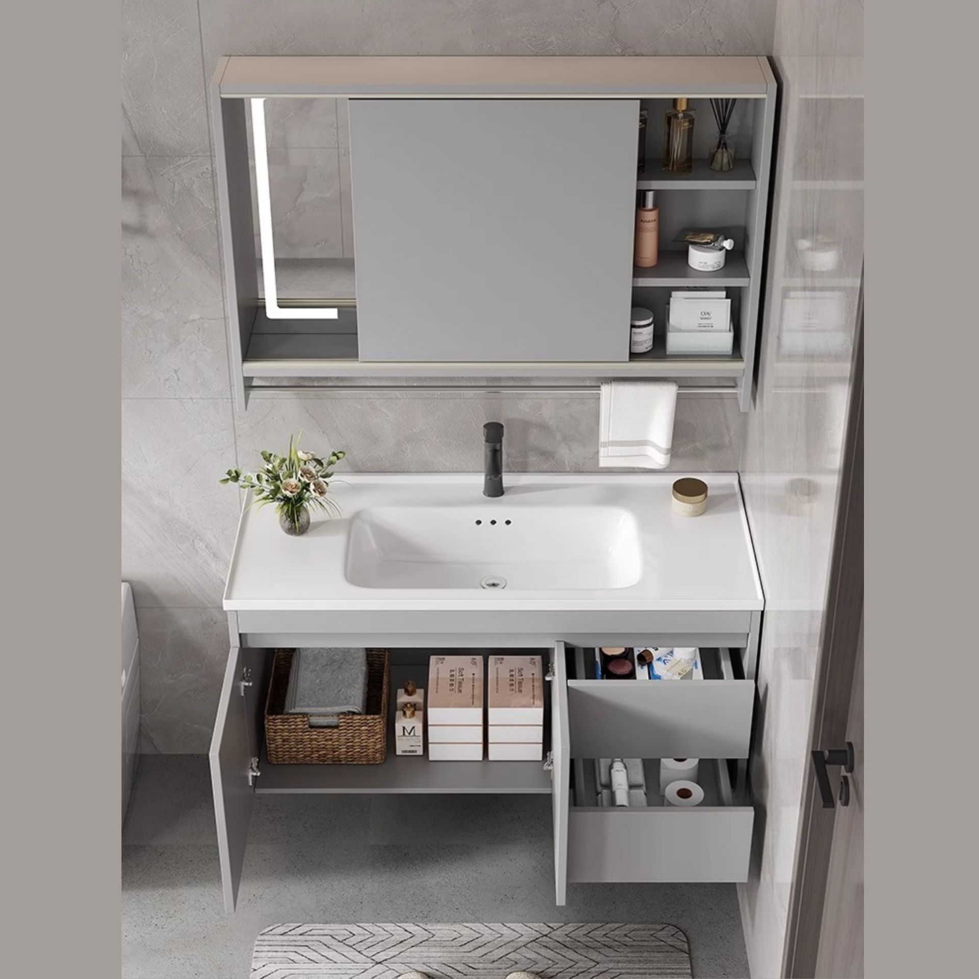 Push-pull oculto feng shui espejo de madera maciza gabinete de baño combinación de cerámica integrado lavabo de baño lavabo