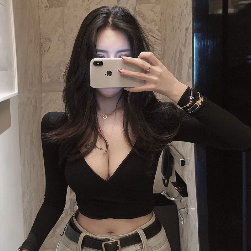 Spring and Autumn New Slim-fit Sexy Backless Low-cut Base Shirt Long-sleeved T-shirt Women's All-match Short Tight Slim Top T