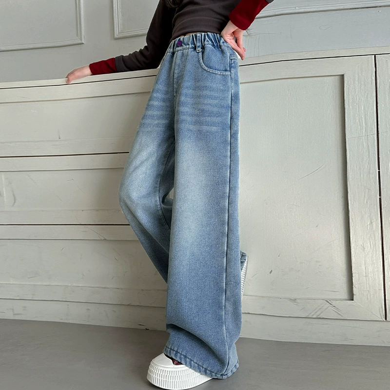 Denim demi-season jeans, children's spring trousers, loose straight fit, for teenagers