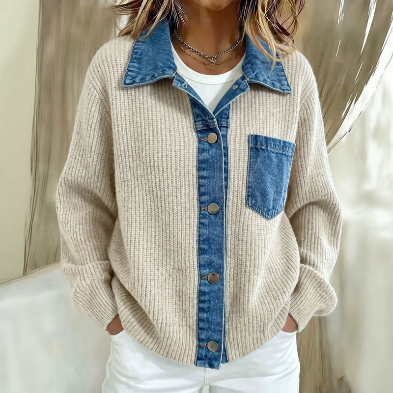 2026 European and American cross-border denim patchwork knit cardigan for women, loose and casual style, color-block long-sleeve sweater jacket 2026 European and American cross-border denim patchwork knit cardigan for women, loose and casual style, color-block long-sleeve sweater jacket