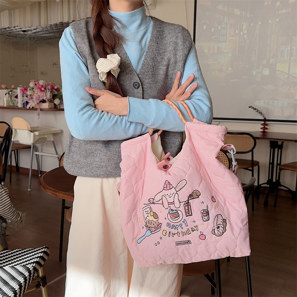 31223 Quilted soft crossbody bag, large capacity hand-held shoulder bag, cartoon embroidered little rabbit student handbag undefined