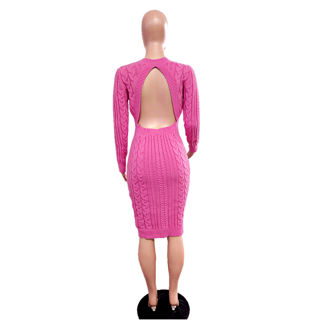 Robe pull femme couleur unie sexy mode robe en maille_voghion.com