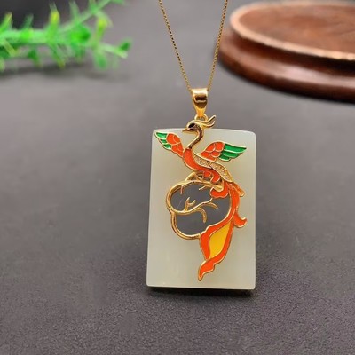 天然和田玉S925银方牌项链吊坠珐琅彩民族风凤凰起舞锁骨链毛衣链|ms