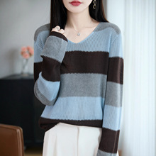 跨境韩系时尚撞色V领精纺羊毛针织衫毛衣女早秋宽松长袖减龄休闲