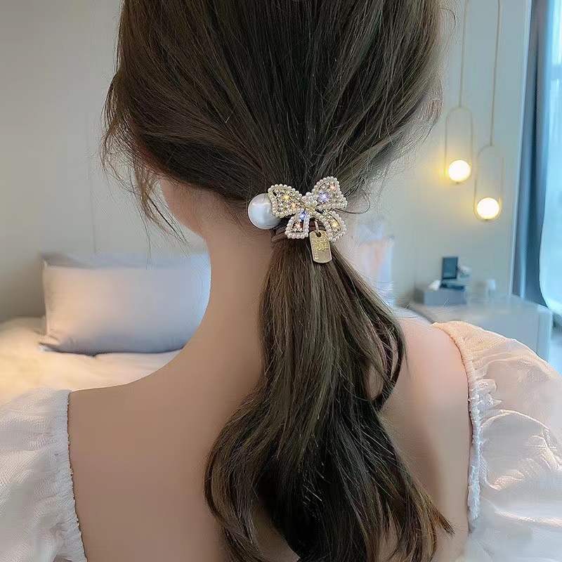 Korean New Headdress High-Grade Hair Rope Bow Pearl Hair Rope Simple Female Online Influencer Ponytail Rubber Band for Bun Haircut