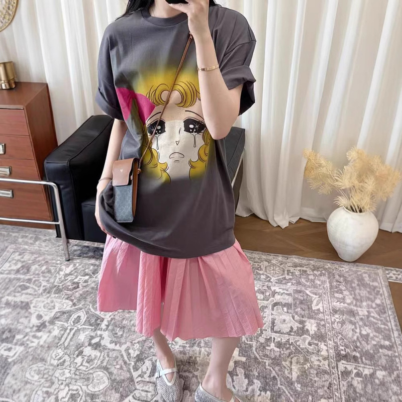 25 Spring and Summer New Designer Brand Ribbon Bow Doll Head Crying Girl Printed Short Sleeve t Top for Women