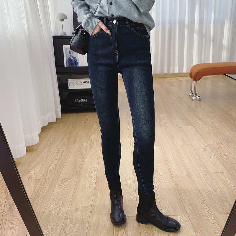 Pair with Boots and Skinny Pants! High-Waisted Slimming Thickened Fleece-Lined Skinny Jeans for Women, Pencil Pants for Autumn and Winter G120511