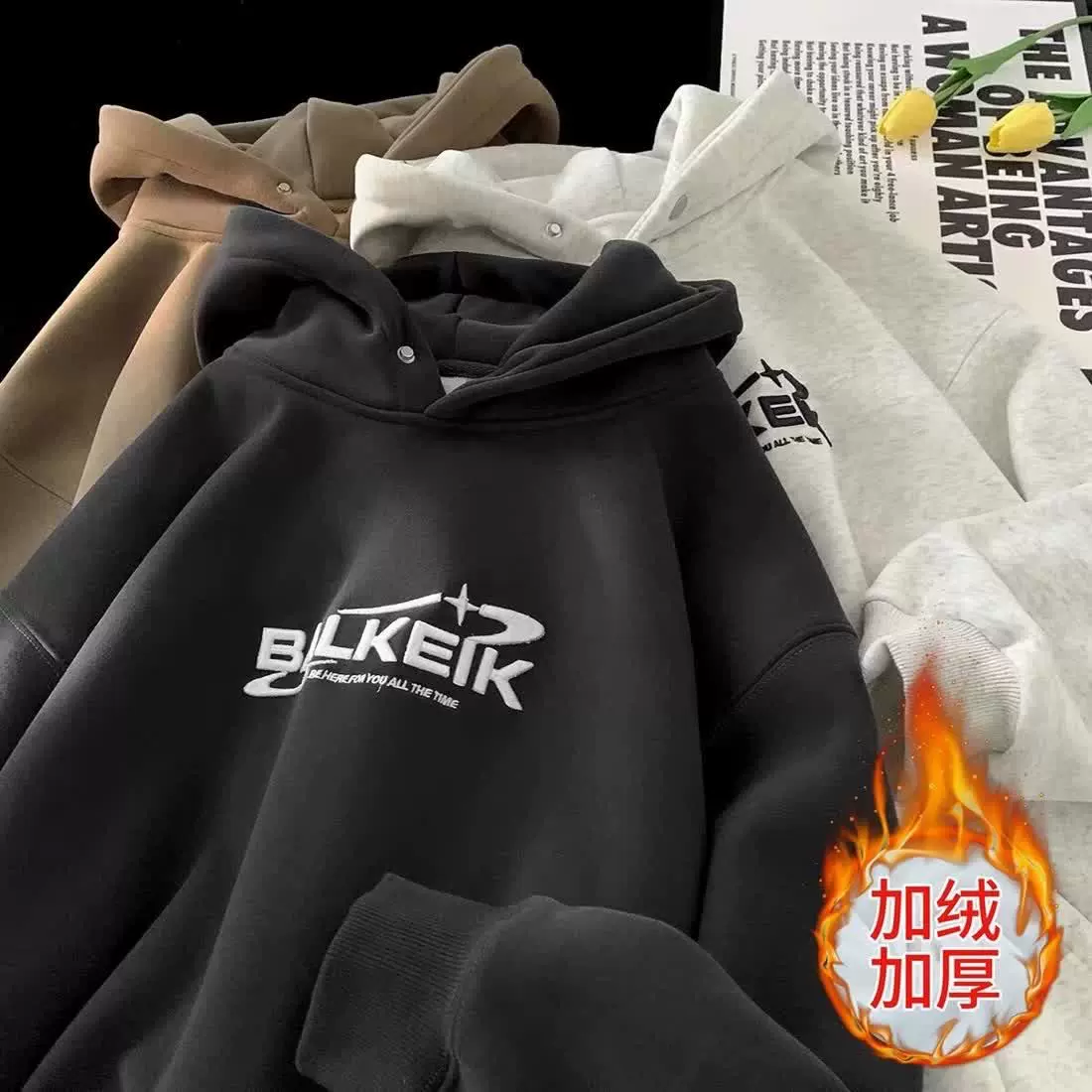 跨境美式连帽重磅棉加绒卫衣男秋冬青少年新款高级感外套休闲百搭