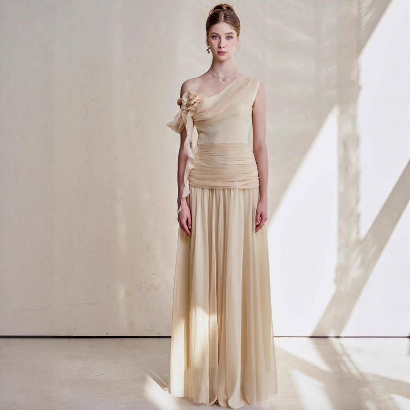 Vietnamese Niche Design Elegant Dress Light Formal Dress Autumn New Floral Flowing Pleated Dress