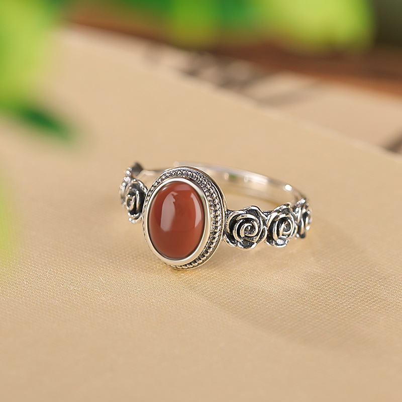 Nhẫn bạc S925 đính đá jasper đỏ cổ điển họa tiết hoa hồng mặt trứng — Mẫu đỏ nam
