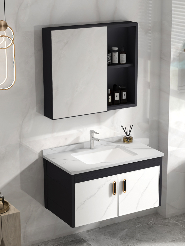 Montado en la pared gabinete de baño de aluminio espacio combinación moderna minimalista lavabo de baño lavabo Mesa de roca placa lavabo piscina