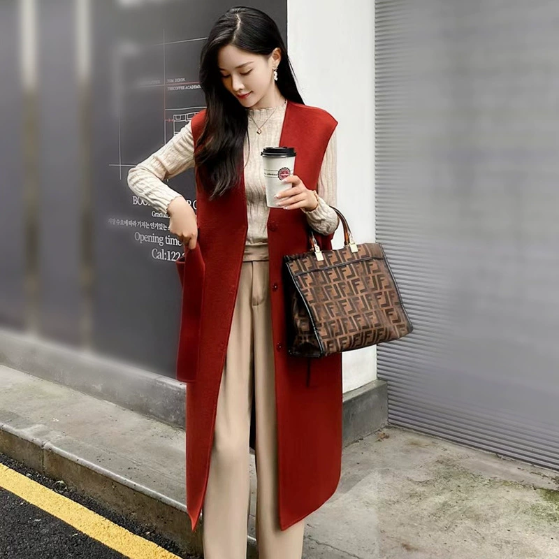 2022 осень-зима, новый длинный жилет-плащ на шнуровке, модное элегантное тонкое шерстяное пальто