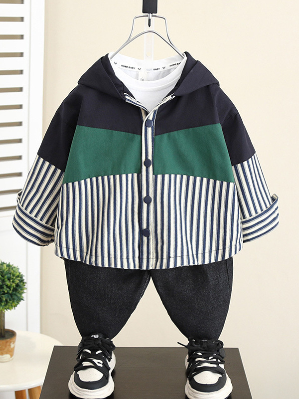 5829 chaqueta de niño primavera y otoño 2025 nueva chaqueta con capucha a rayas de otoño para niños coreanos top casual de bebé