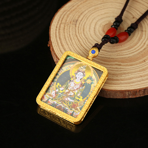 2pcs Buddhist necklace amulet Thangka small Tibetan thangkas green tara figure mammon pendant for unisex Buddha card gold-plated pendant necklace