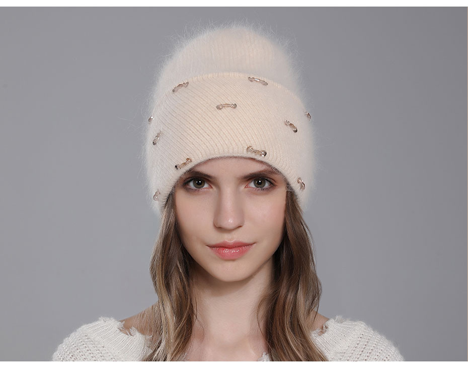 Poils de lapin tricotés pour enfants, mode chaude d'hiver. La laine est polyvalente pour les femmes avec des bords retournés et un double pli_voghion.com