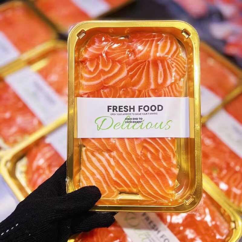 Vacuum Body Wrapping Tray Gold Box Disposable Fresh Food Packaging Box Salmon Steak Body Box Vacuum Body Wrapping Tray Gold Box Disposable Fresh Food Packaging Box Salmon Steak Body Box