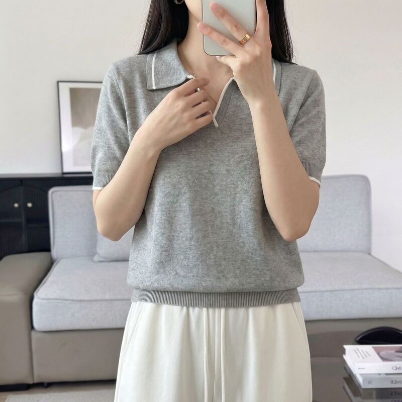 2026 Spring and Summer New Style Knitted Women's Tops Short-Sleeved Solid Color Versatile Classic Fashion Lapel Spring and Summer Tops 2026 Spring and Summer New Style Knitted Women's Tops Short-Sleeved Solid Color Versatile Classic Fashion Lapel Spring and Summer Tops