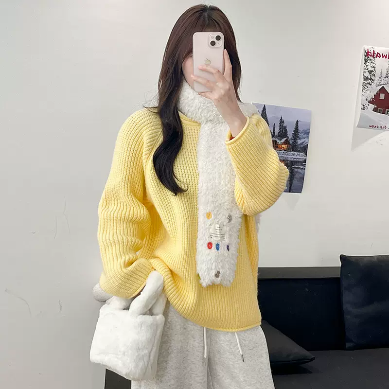 黄色卷边软糯针织毛衣女款2025新款秋冬季外穿小个子圆领套头上衣