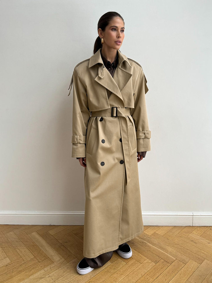 Áo khoác trench coat nữ dáng dài phong cách Âu Mỹ, chất liệu cotton, form rộng có dây thắt eo — Màu kaki, màu xám
