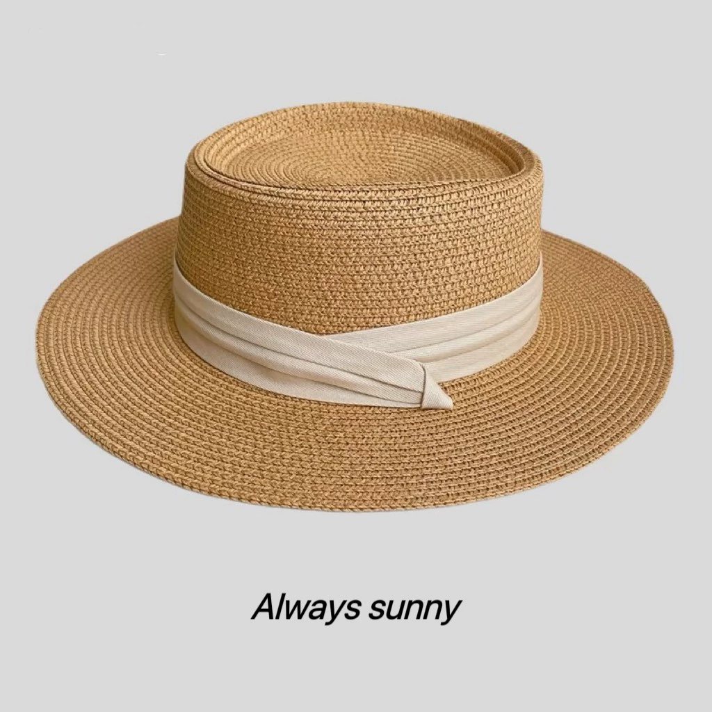 Женская шляпа с плоскими полями, летняя соломенная шляпа с плоским верхом, пляжный французский солнцезащитный козырек для отдыха, защита от солнца, тканая панамская шляпа