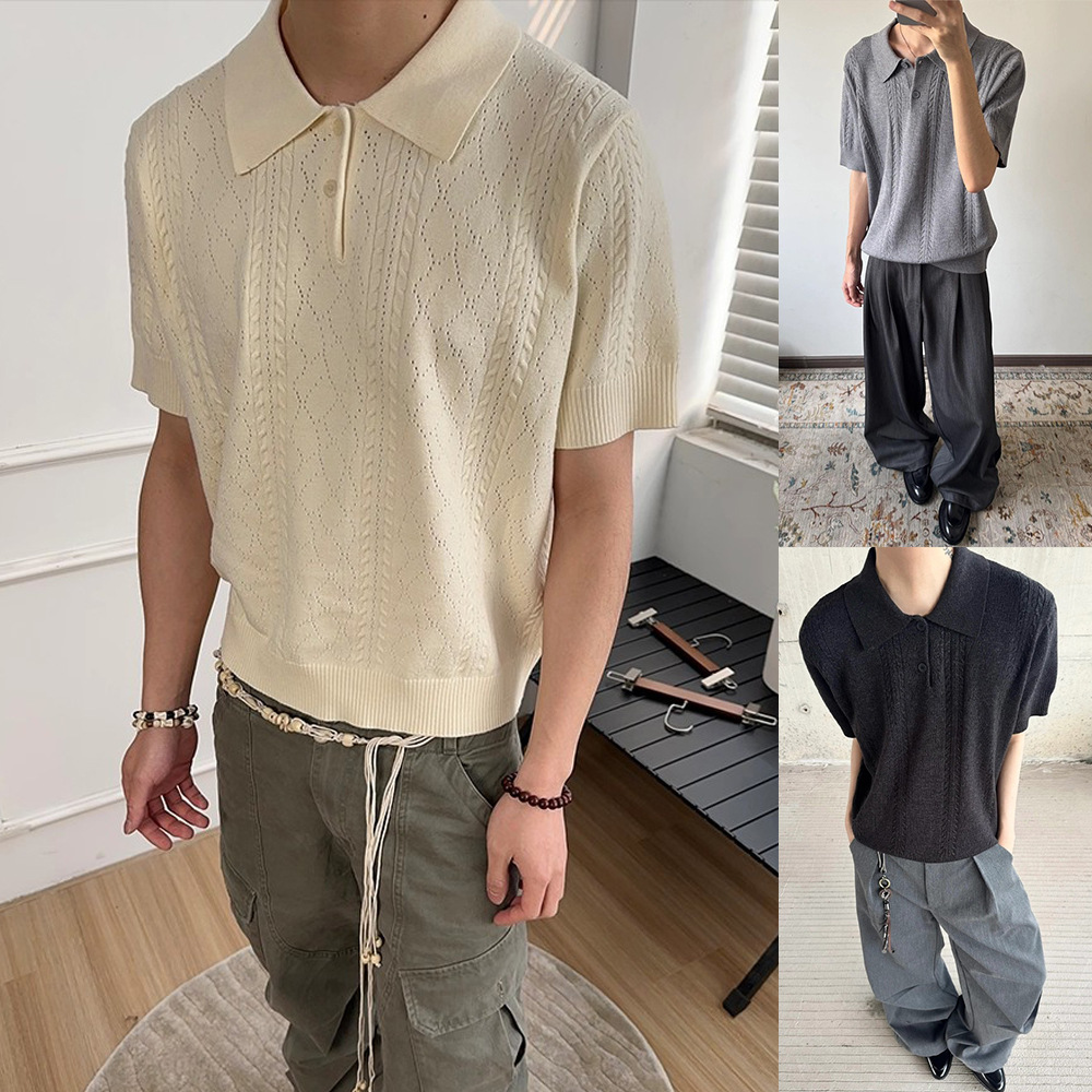 Polo camiseta de punto camiseta de manga corta hombre con solapa hueca textura vieja camiseta de hielo de viento de verano fábrica transfronteriza mayorista