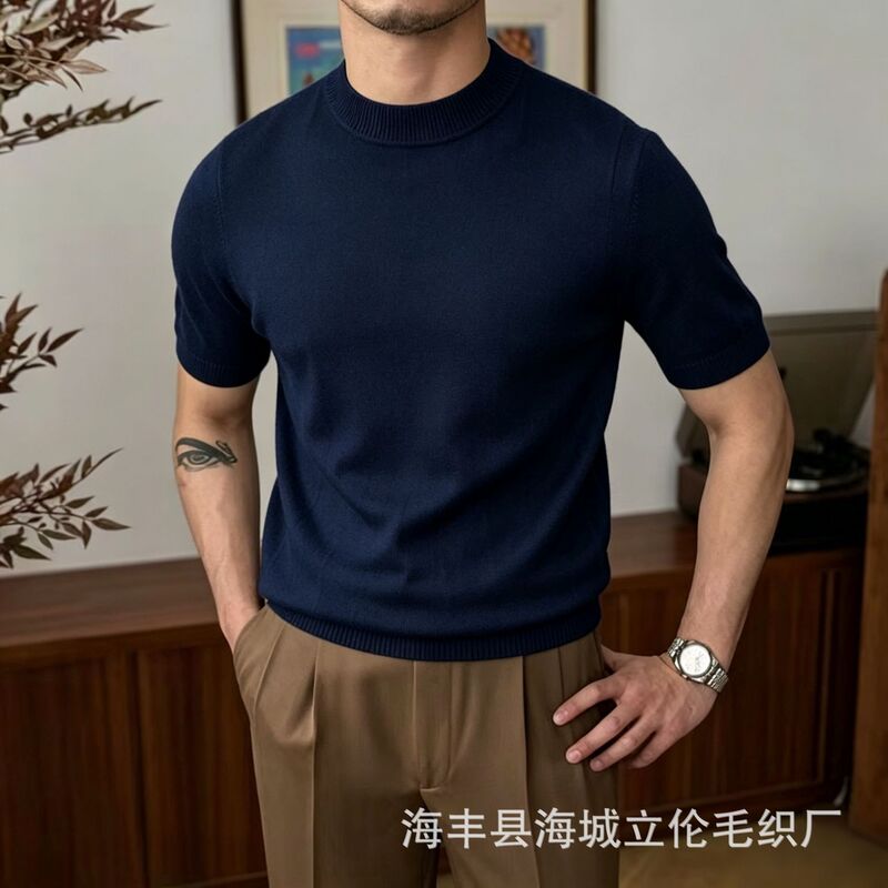 Autumn and winter half-high collar men's short-sleeve knit sweater, Korean style slim-fit solid color half-sleeve sweater, casual base shirt top Autumn and winter half-high collar men's short-sleeve knit sweater, Korean style slim-fit solid color half-sleeve sweater, casual base shirt top