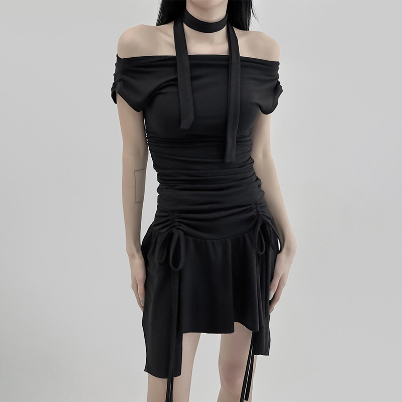 Sexy Drawstring Lace Pleated Waist Tight Slimming Irregular Asymmetric Dress Multiple Wear off the Shoulder Slim Fit