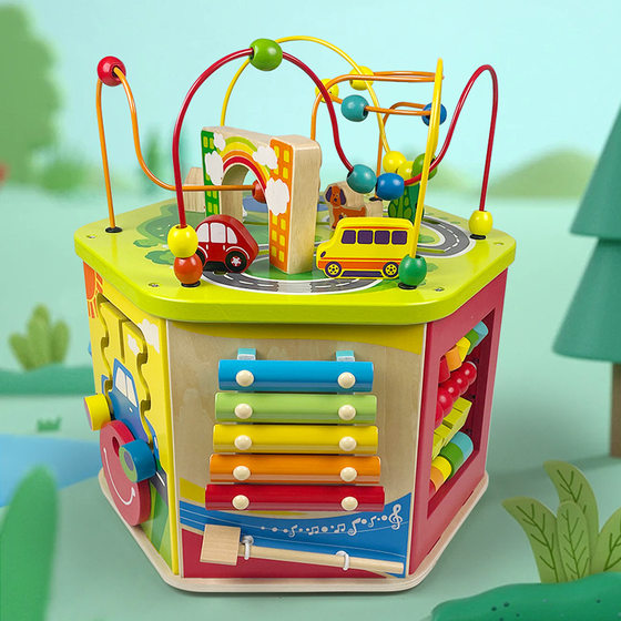 New multi-functional round bead puzzle early education wholesale wooden toy treasure chest round bead new large Montessori cross-border