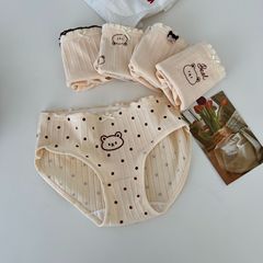 Super Tits Little Bear ~ Ka Meow Women's Underwear Mid-waist Breathable Briefs Full Cotton Crotch Cartoon Beige Solid Color Briefs
