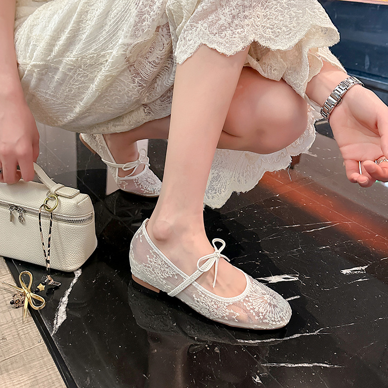 Zapatos Mary Jane para Mujer con Tacón Oculto, Estilo Ballet, Punta Cuadrada de 3.5cm, Malla con Cordones y Lazo