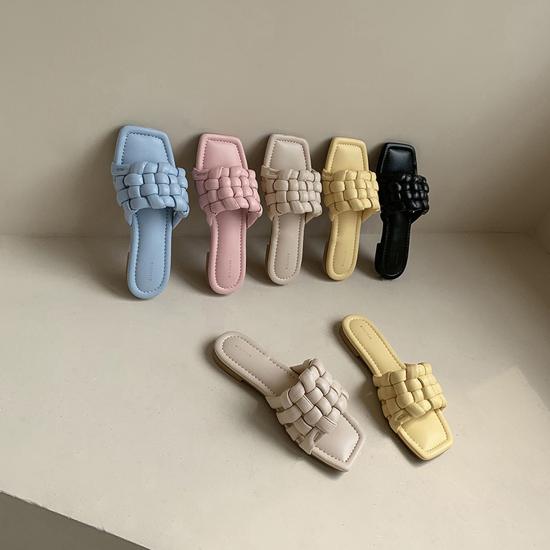[Wang Xiaodu] Spot Cotton Candy-Square Head Woven Slippers Women's Summer Wear Flat Slippers Women's Summer