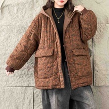 2025冬季新品文艺复古印花加棉加厚保暖大码连帽棉衣女士棉服外套