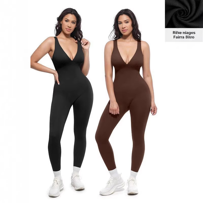 Women's High-Waisted Workout Jumpsuit | Stretchy Yoga Bodysuit With V-Neck & Back Support | Tummy Control Fitness One-Piece (Red/Black/Brown) S-3XL_ecoleips.com