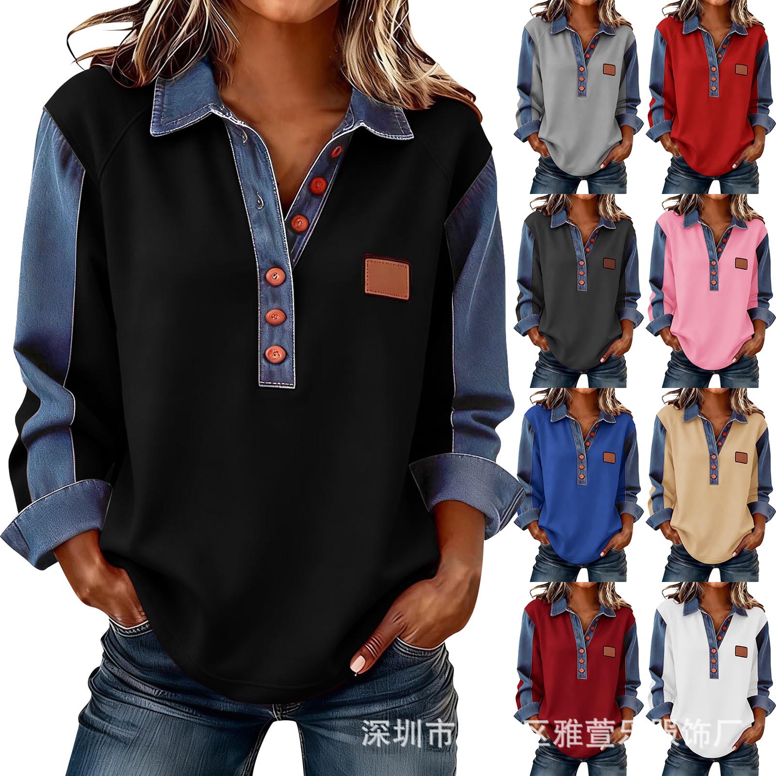 2026 Autumn/Winter Amazon New Arrival, In Stock, European and American Style Casual Long-Sleeved Top with Denim Polo Shirt for Women